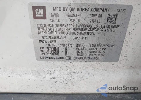 2022 Chevrolet Trax Awd Lt z USA, uszkodzony, nr VIN KL7CJPSM4NB530127